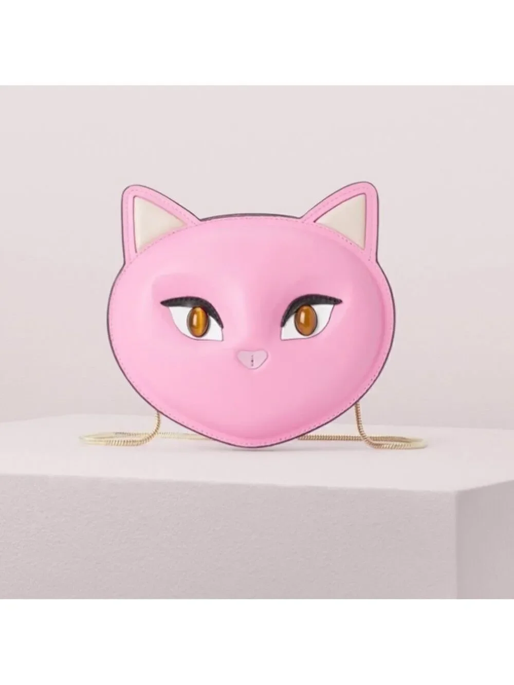 KATE SPADE PINK CAT CROSSBODY BAG MEOW NOVELTY PURSE LEATHER GOLD CHAIN
